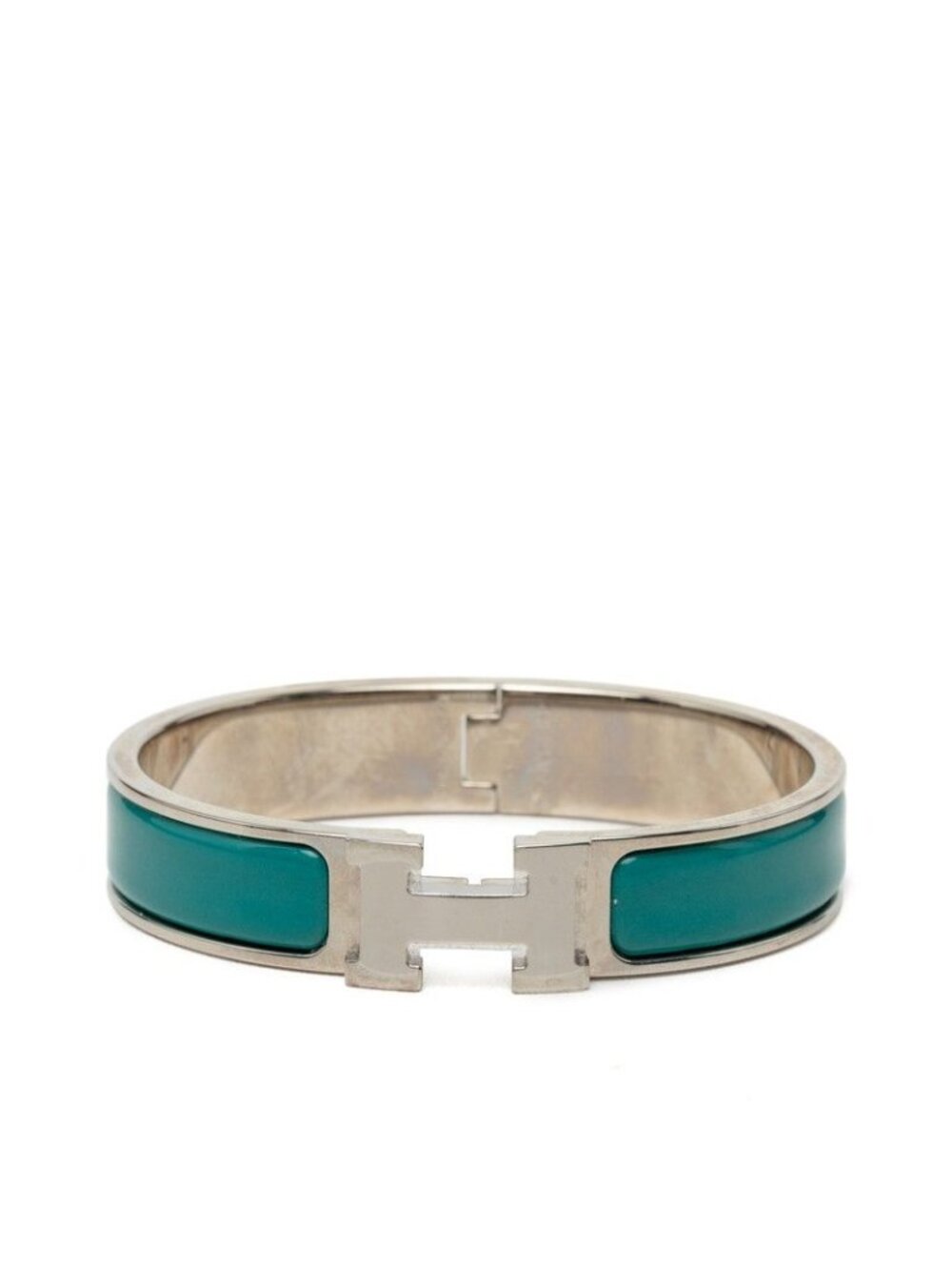 Hermes Click PM Enamel Bracelet Bangle Silver Green Metal